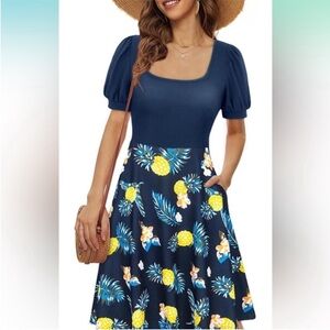 Moyabo Women's Square Neck Midi Dress - Summer Swing Sundress with Pockets Large